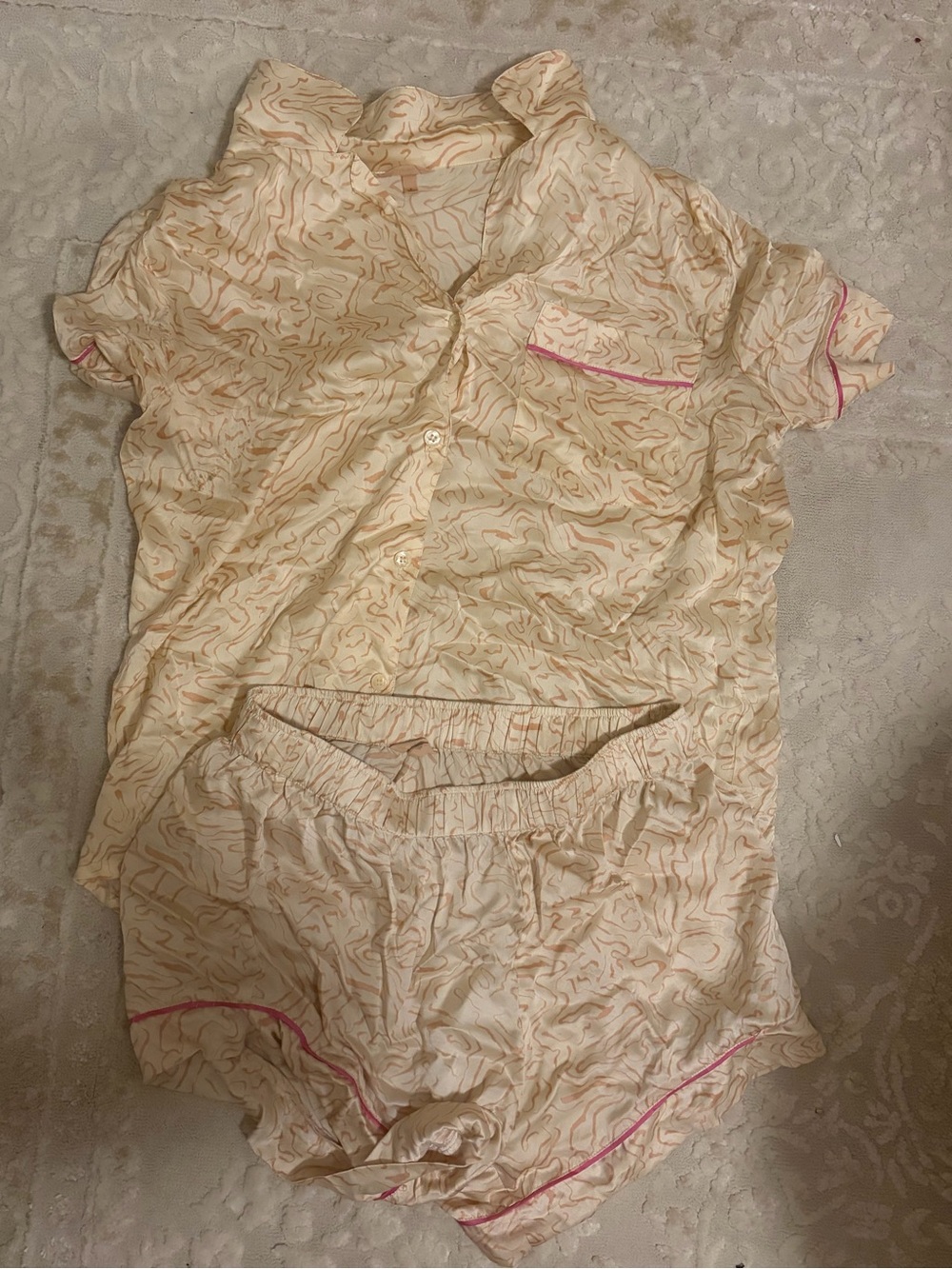 Eberjey Washable Silk Cream Marble-Print Short Pajama Set with Pink Trim